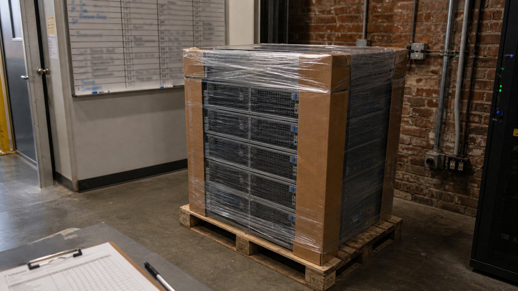 A palletized server shipment staged for intake inspection