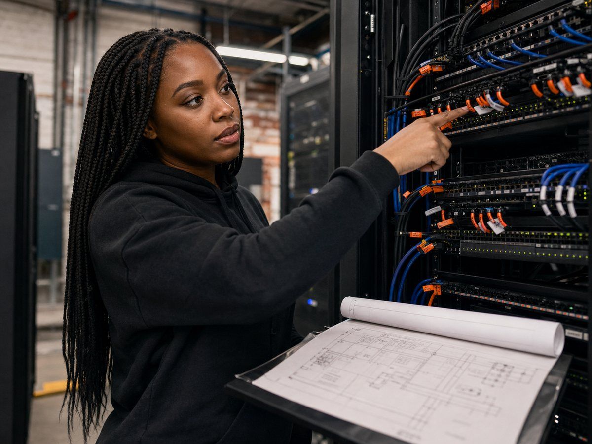 Mira Okafor reviewing a labeled network patch panel