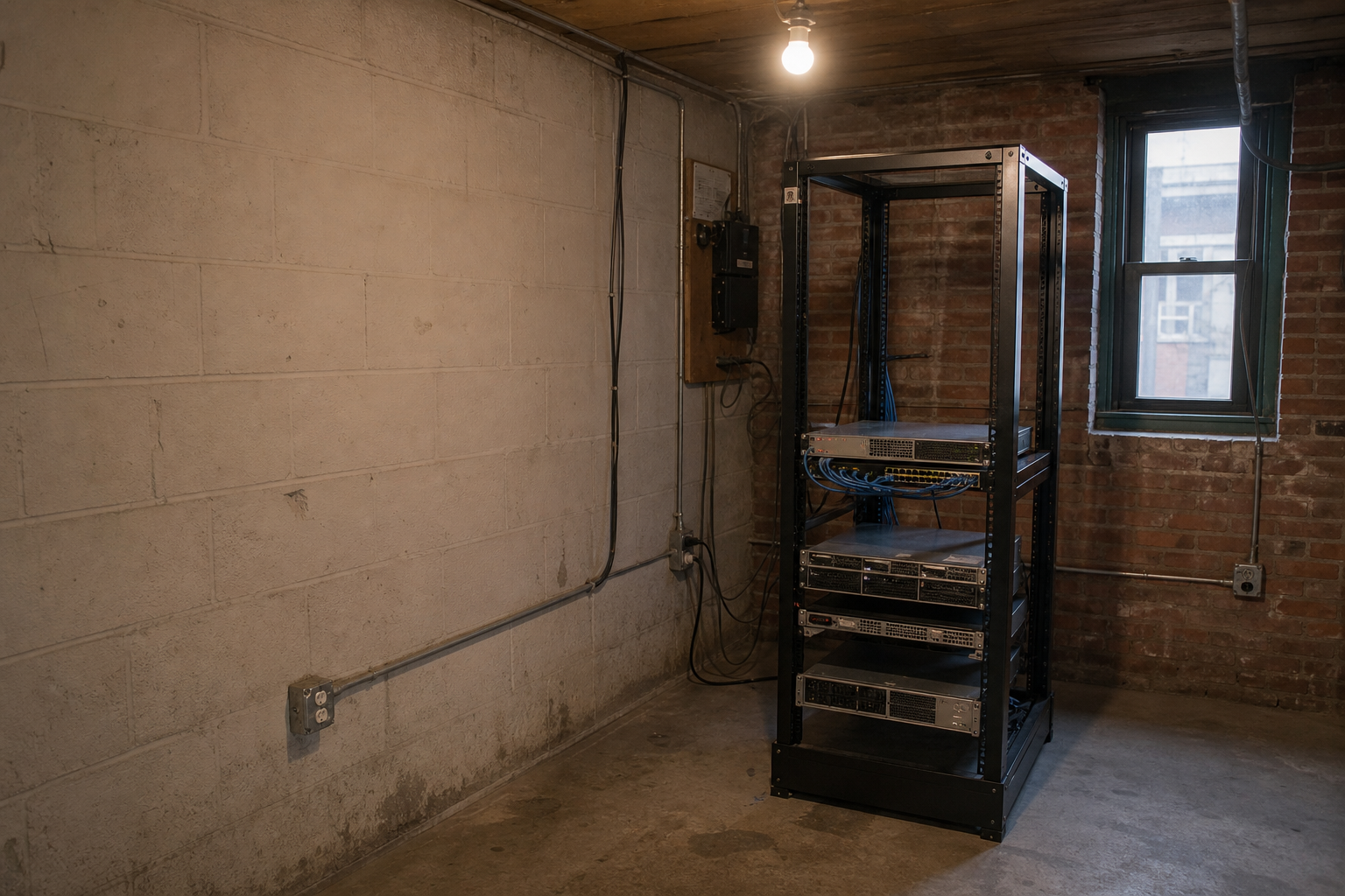 A first two-post rack in a small brick room with early cable runs