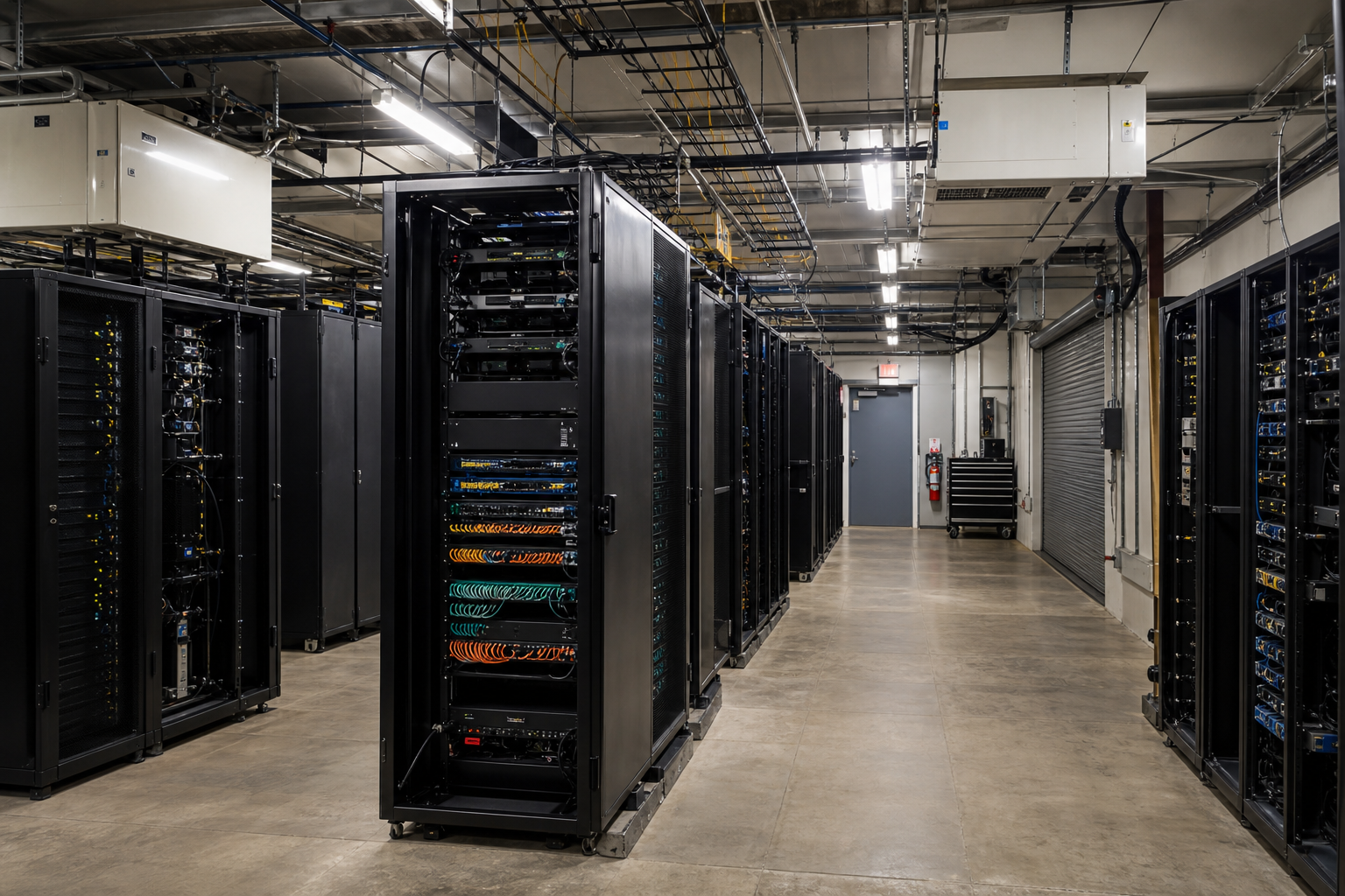 An expanded colocation aisle with multiple production racks and overhead cooling