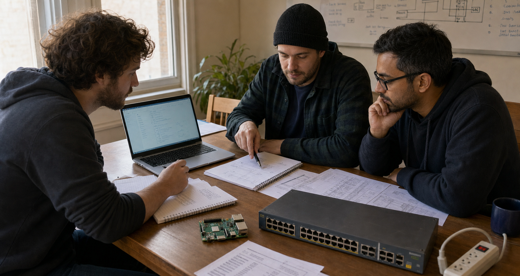 Three founders planning a customer-owned hardware service at a worktable in 2022