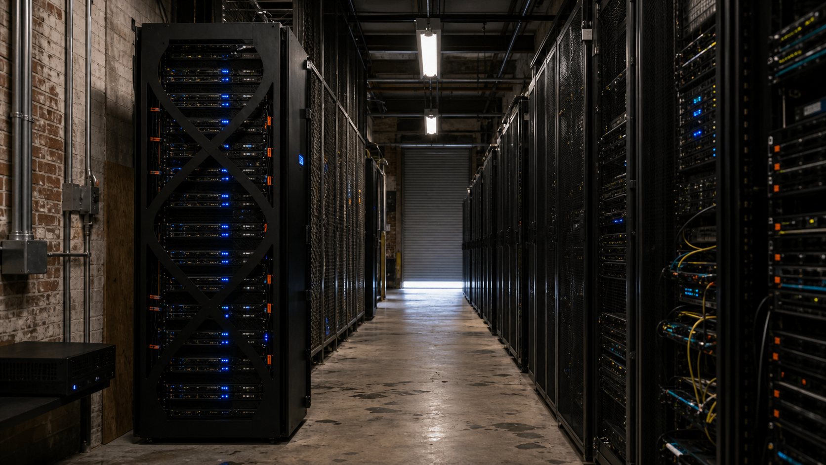 Wide aisle inside the Helixrack facility with server racks on both sides
