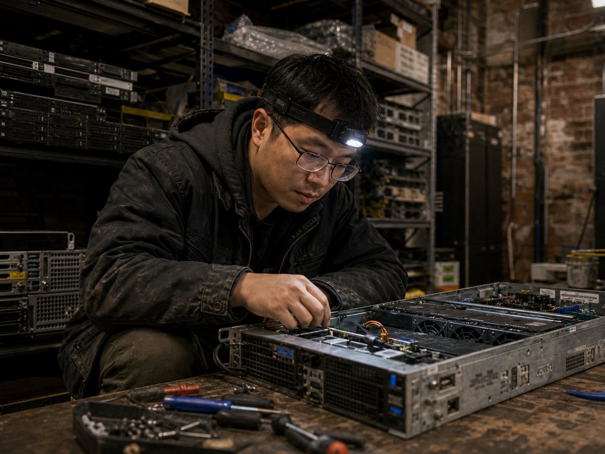 Chen Weilin repairing an open server chassis in the hardware work area