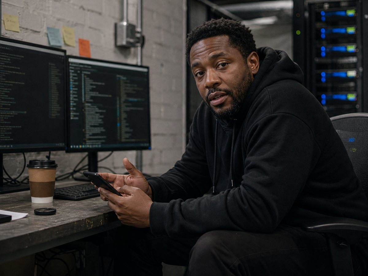 Dez McKenzie at a desk in the Helixrack facility office